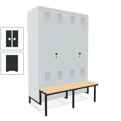 Doppel-Spind, Garderobenschrank, Buche Sitzbank integriert, 4 Abteile 300 mm, Korpus anthrazitgrau, Tür anthrazitgrau, 1.850 x 1.200 x 815 mm (HxBxT)
