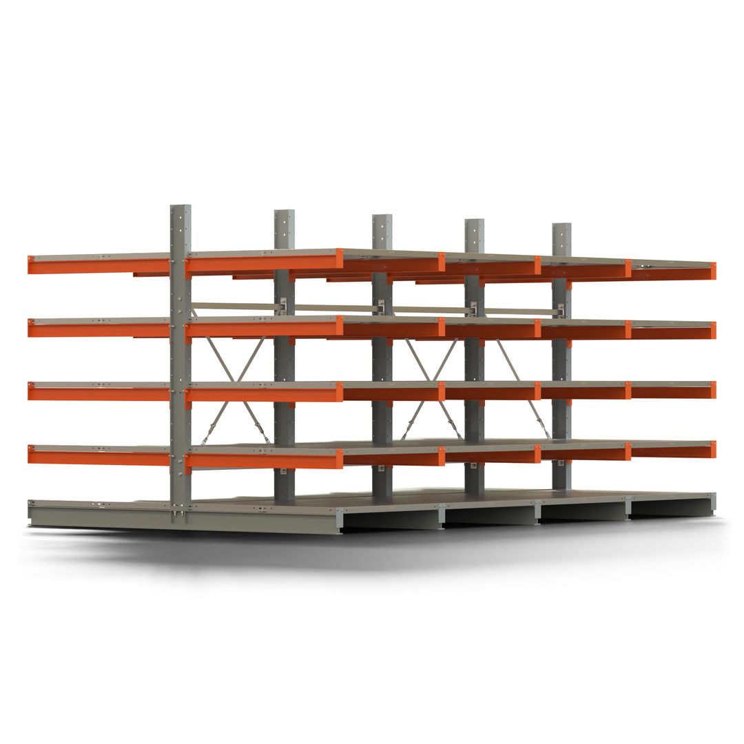 Doppelseitiges Kragarmregal mit Fachböden, 2 Felder, 2.000 x 2.000 (HxB), Nutztiefe 1.000 mm, Kragarmlast 450 kg, KARL basic, silbergrau/reinorange