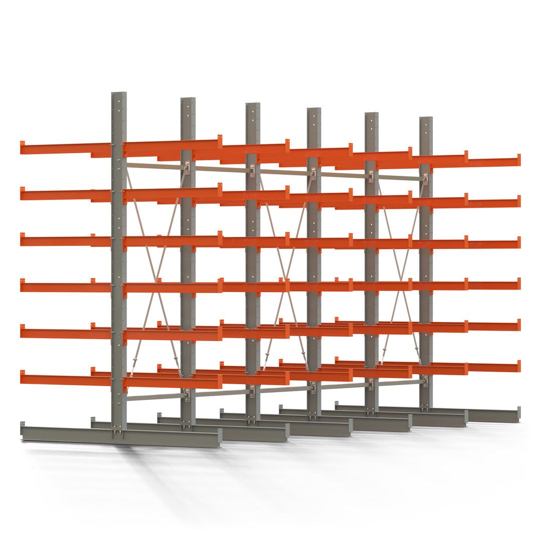 Doppelseitiges Kragarmregal, 2 Felder, 3.000 x 2.000 x 1.120 mm (HxBxT), Nutztiefe 500 mm, Kragarmlast 870 kg, KARL basic, silbergrau/reinorange