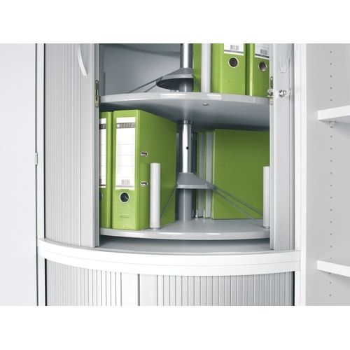 Querrollladen-Eckschrank, Rondell für 72 Ordner, abschließbar, Sockel/Standfüße, 1.152 x 969 x 969 mm (HxBxT), Korpusfarbe Ahorn, Rollladen silber