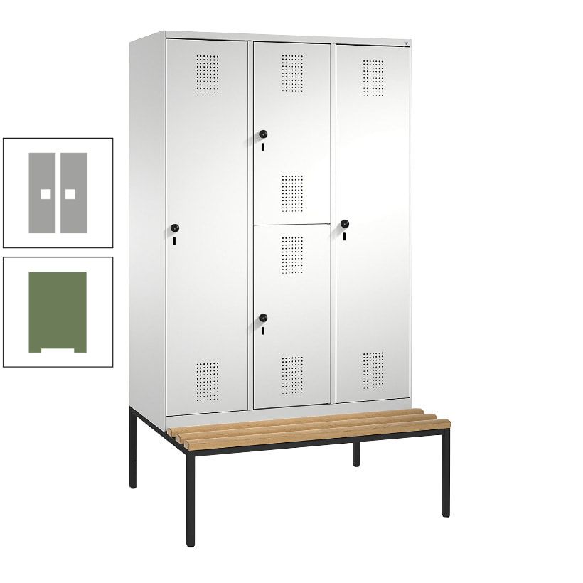 Garderobenschrank, Spind ein- und doppelstöckig Sitzbank, 3 Abteile, 4 Fächer, 2.090x1.200x500 mm (HxBxT), Front anthrazitgrau, Korpus anthrazitgrau