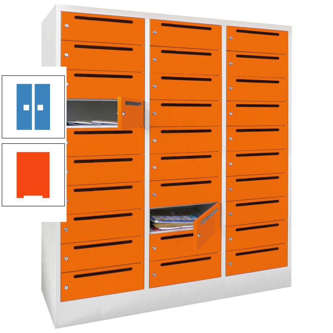 Postverteilerschrank, Schließfachschrank, 3 Abteile a 40 cm, 30 Fächer, 1.850 x 1.200 x 500 mm (HxBxT), Korpus anthrazitgrau, Front anthrazitgrau