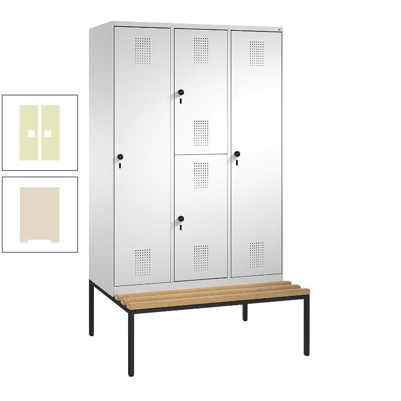 Garderobenschrank, Spind ein- und doppelstöckig Sitzbank, 3 Abteile, 4 Fächer, 2.090x1.200x500 mm (HxBxT), Front anthrazitgrau, Korpus anthrazitgrau