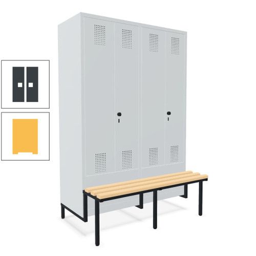 Doppel-Spind, Garderobenschrank, Buche Sitzbank integriert, 4 Abteile 300 mm, Korpus anthrazitgrau, Tür anthrazitgrau, 1.850 x 1.200 x 815 mm (HxBxT)