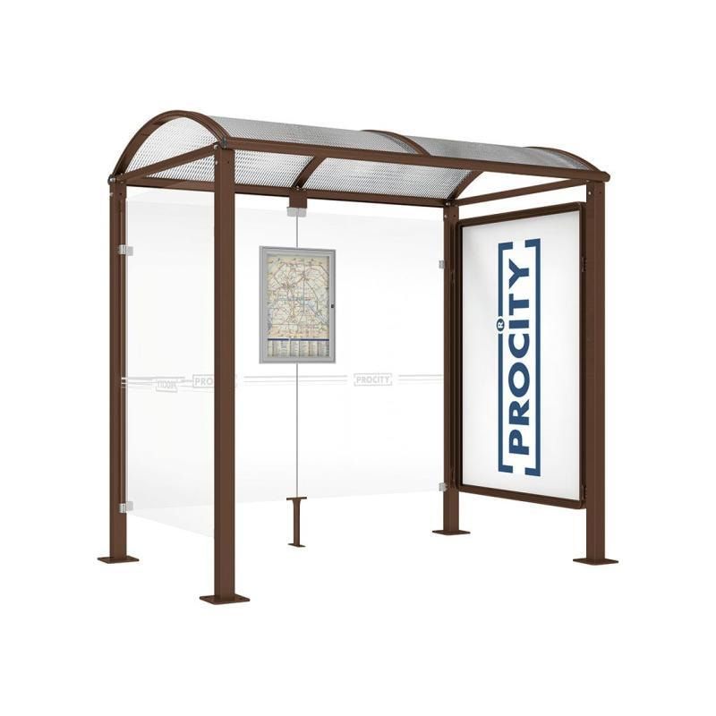 Buswartehalle, Unterstand, 1 Seitenwand, Schaukasten, feuerverzinkt, 2.500 x 2.500 x 1.600 mm (HxBxT), ESG, Fahrplanschaukasten, Farbe enzianblau