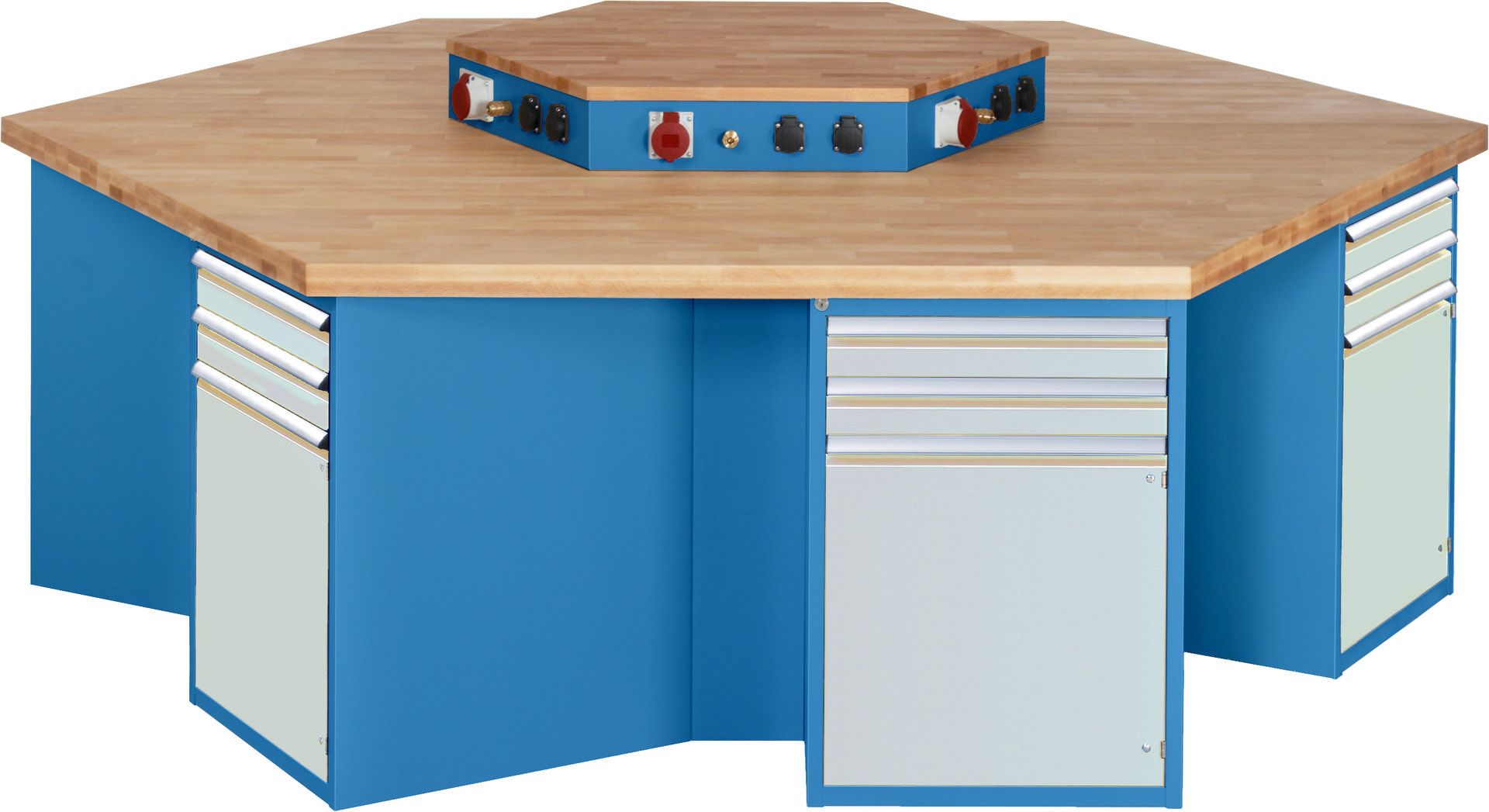 Gruppenwerkbank, Buche, Höhe 840 mm, mit Energieaufsatz, Unterbau-Container, 2 Schubladen, 1 Tür, 1 Boden - Anthrazitgrau