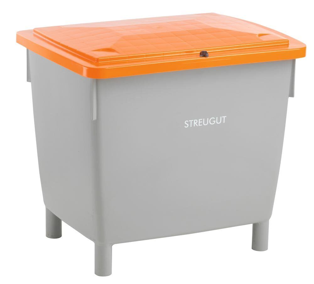 HDPE Universalbehälter für Streugut und andere Stoffe, robust und abschließbar, 210 l Volumen, 775 x 970 x 605 mm (HxBxT), grau/orange