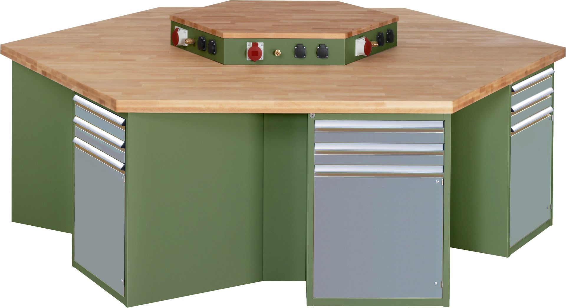 Gruppenwerkbank, Buche, Höhe 840 mm, mit Energieaufsatz, Unterbau-Container, 2 Schubladen, 1 Tür, 1 Boden - Anthrazitgrau
