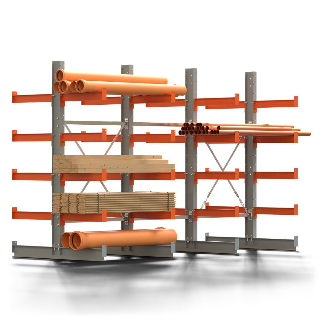 Doppelseitiges Kragarmregal, 2 Felder, 2.000 x 2.000 x 1.120 mm (HxBxT), Nutztiefe 500 mm, Kragarmlast 870 kg, KARL basic, silbergrau/reinorange