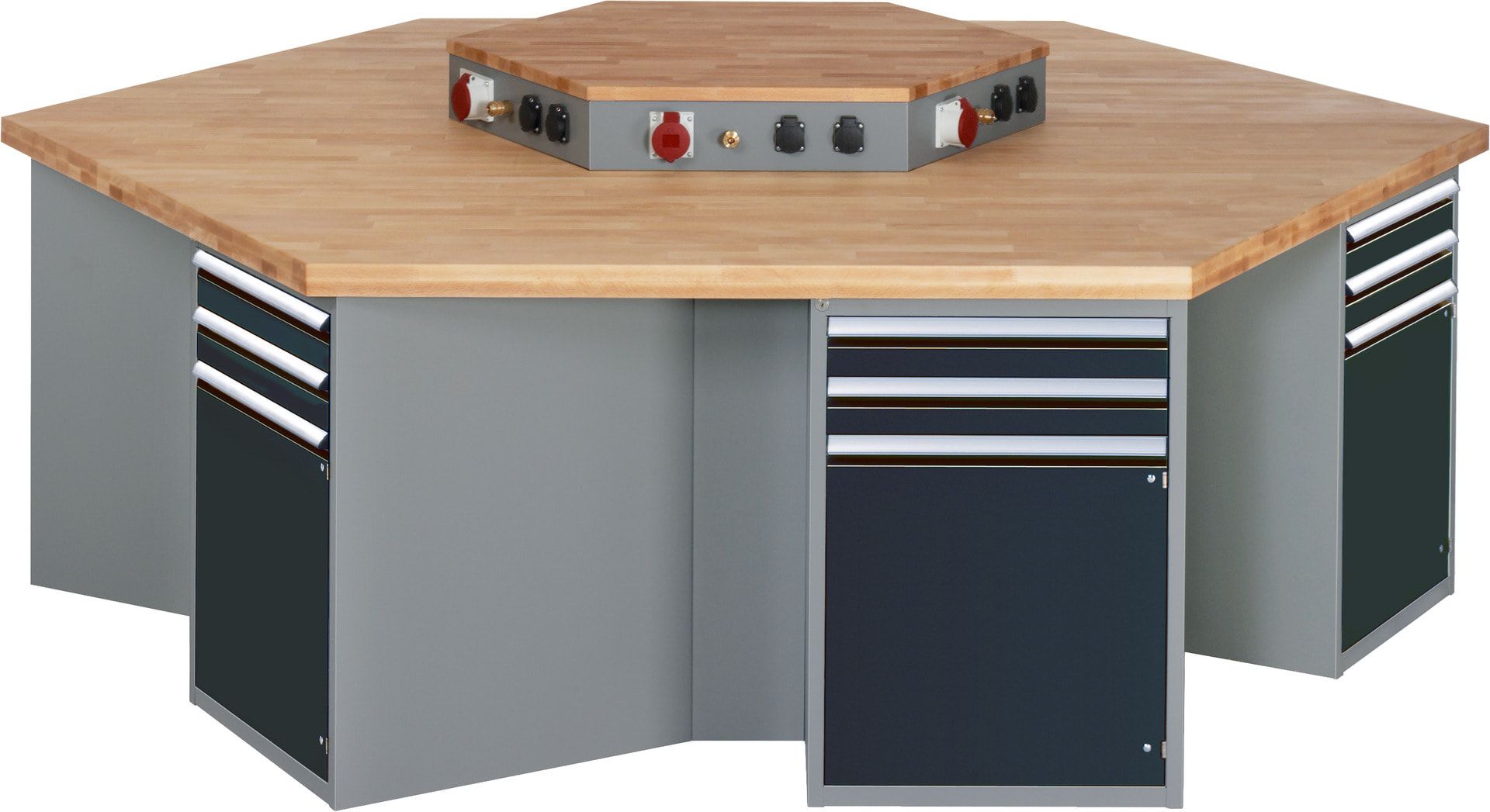 Gruppenwerkbank, Buche, Höhe 840 mm, mit Energieaufsatz, Unterbau-Container, 2 Schubladen, 1 Tür, 1 Boden - Anthrazitgrau