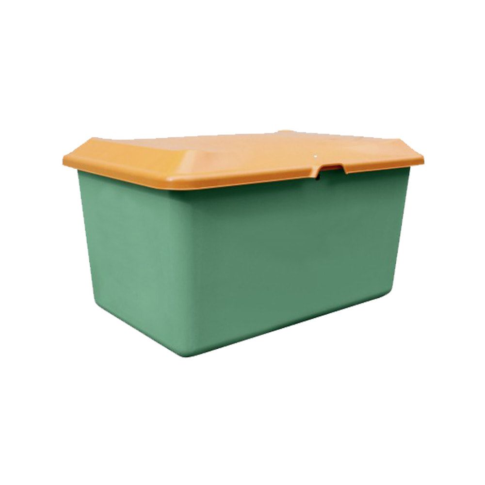 Streugutbehälter für Streusalz, Winterstreumittel, Futtermittel, 400 l Volumen, 670 x 1.210 x 820 mm (HxBxT), GFK, grau/orange