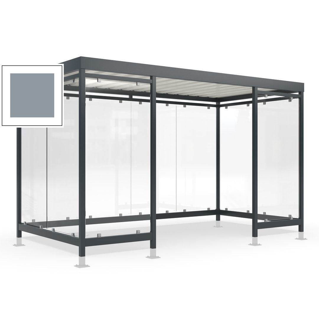 Raucherunterstand für 12-13 Personen, Bushaltestelle, mit Überpflasterung, 2.440 x 4.195 x 2.165 mm (HxBxT), 10 Wände, Achatgrau