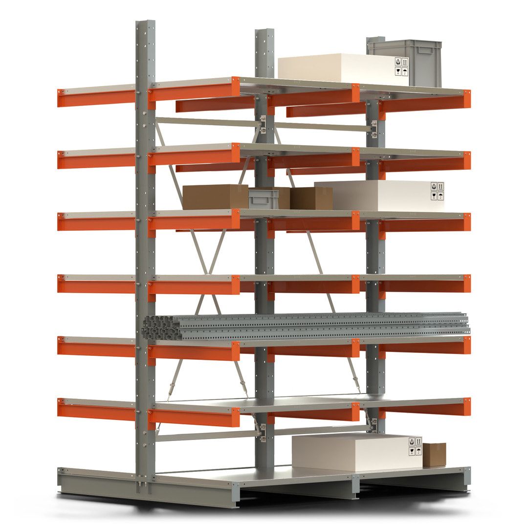 Doppelseitiges Kragarmregal mit Fachböden, 2 Felder, 3.000 x 2.000 (HxB), Nutztiefe 1.000 mm, Kragarmlast 450 kg, KARL basic, silbergrau/reinorange