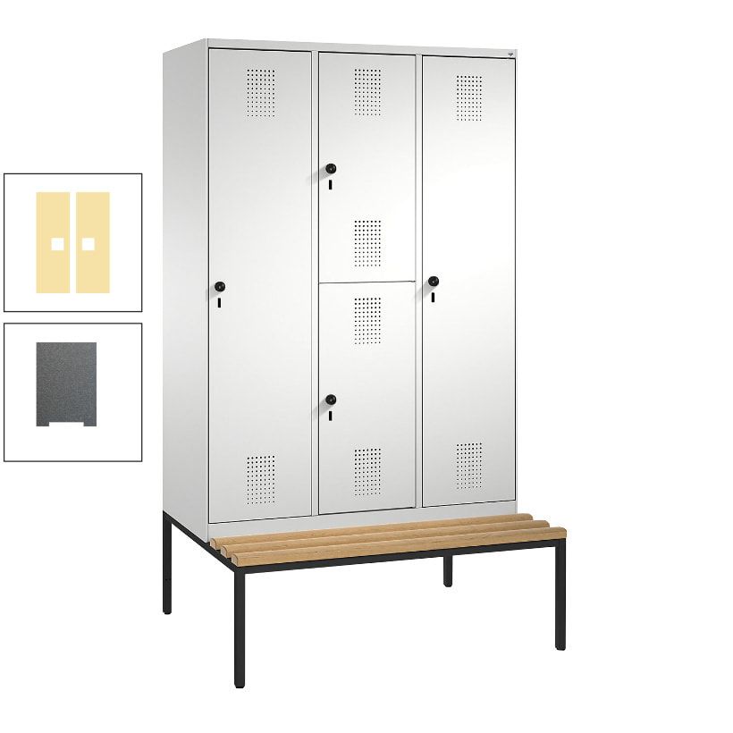 Garderobenschrank, Spind ein- und doppelstöckig Sitzbank, 3 Abteile, 4 Fächer, 2.090x1.200x500 mm (HxBxT), Front anthrazitgrau, Korpus anthrazitgrau