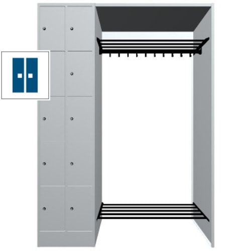 Garderobenanlage, Offene Garderobe mit Spindschrank, 10 Fächer, links, Korpusfarbe lichtgrau, Türfarbe enzianblau, 1.950 x 1.410 x 480 mm (HxBxT)