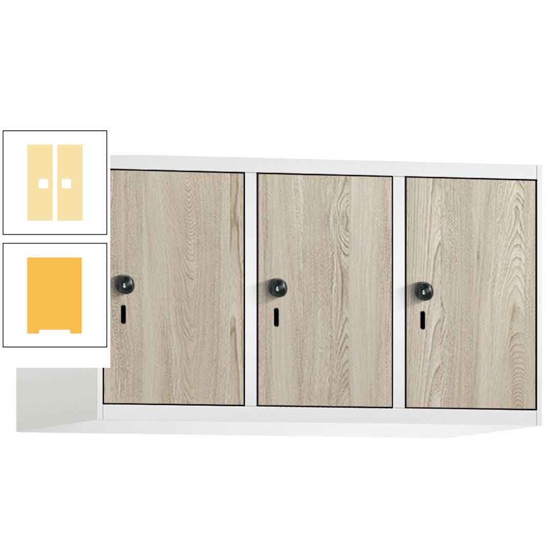Aufsatzschrank, Schrankaufsatz, 3 Fächer a 300 mm, Farbe Pastellgelb, Tür anthrazitgrau, 500 x 900 x 500 mm (HxBxT)