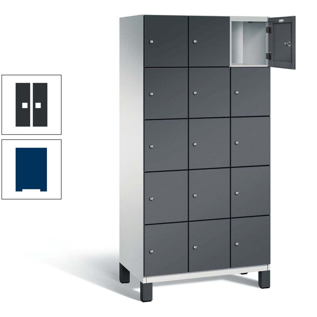 Fächerschrank, Stahlschrank, 15 Fächer, Türöffnungsbegrenzer, Füße, 1.980 x 900 x 525 mm (HxBxT), Korpus anthrazitgrau, Front anthrazitgrau