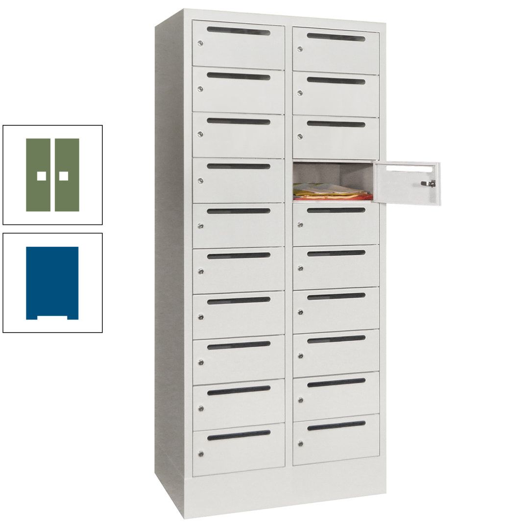 Postverteilerschrank, Schließfachschrank, 2 Abteile a 400 mm, 20 Fächer, 1.850 x 800 x 500 mm (HxBxT), Korpus anthrazitgrau, Front anthrazitgrau