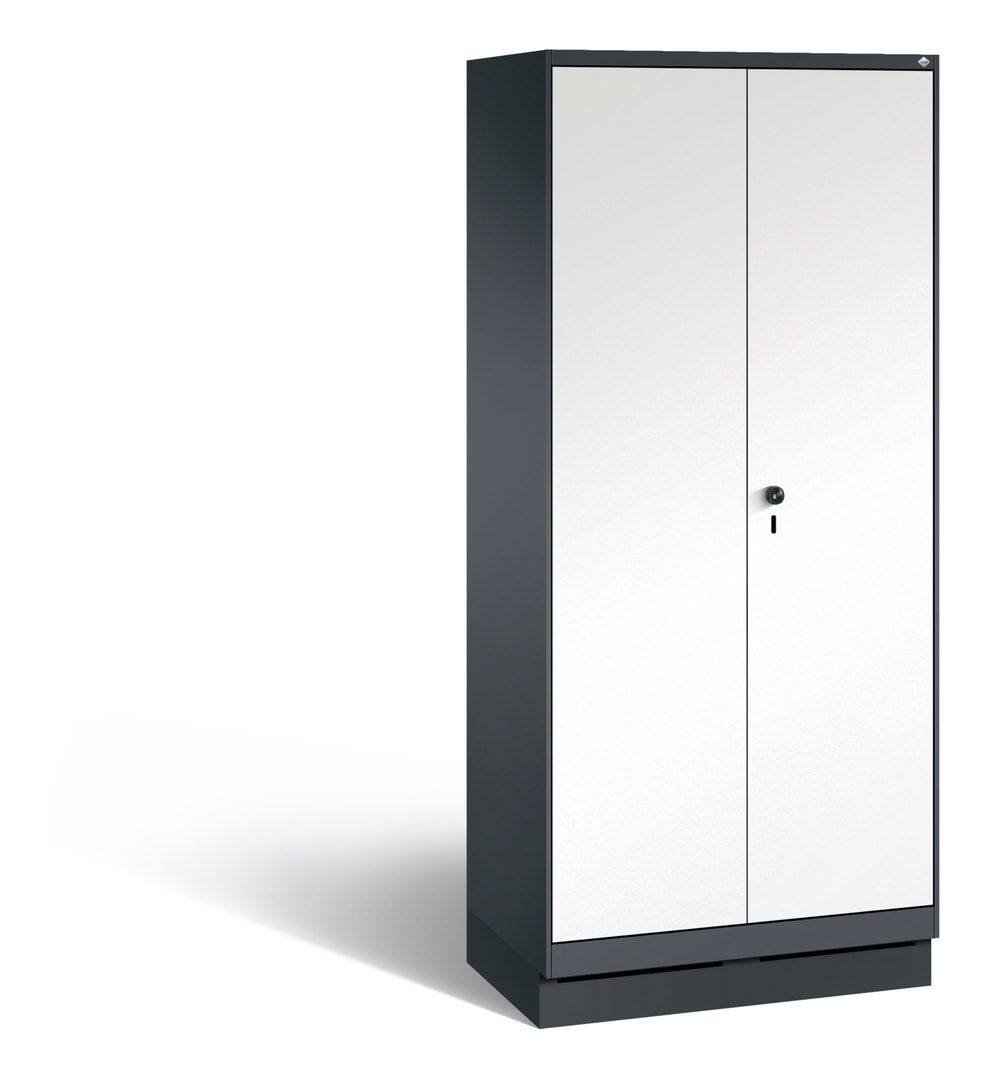 Doppel-Spind, Garderobenschrank auf Sockel, 2 Abteile a 400 mm, Korpus anthrazitgrau, Tür Dekorfront HPL Donau-Ahorn, 1.800 x 800 x 500 mm (HxBxT)