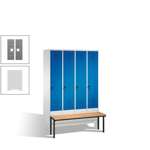 Stahl-Garderobenschrank, Spind, Buche Sitzbank vorgebaut, 4 Abteile a 300 mm, Korpus Lichtgrün, Tür Schwefelgelb, 1.850 x 1.200 x 815 mm (HxBxT)
