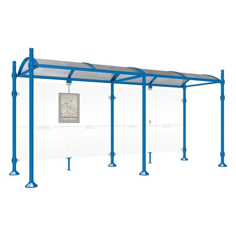 Buswartehalle, Unterstand, 2.500 x 2.500 x 1.600 mm (HxBxT), Kopfmodell Agora, ESG, Fahrplanschaukasten, Farbe enzianblau