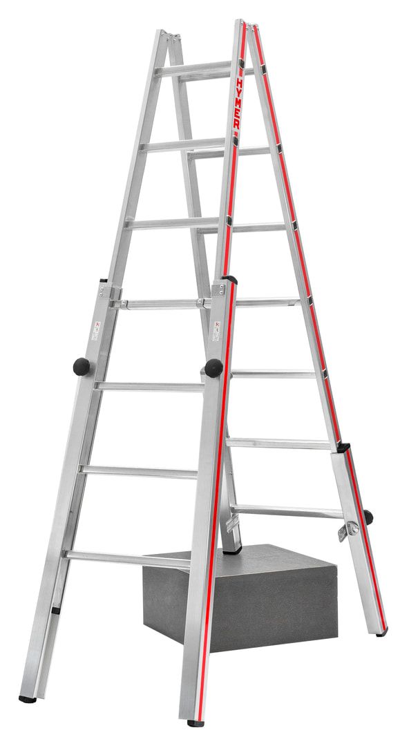 Aluminium-Treppenstehleiter - beidseitig begehbar - stufenlos verstellbare Fußverlängerungen - Länge 1.470 - Breite oben/unten 340/505 - Aluleiter