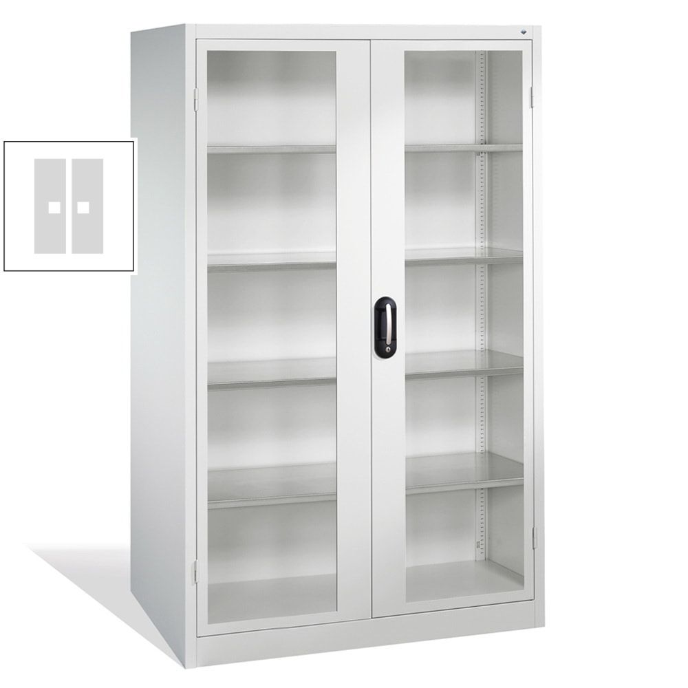 C+P Großraum Werkzeugschrank, Materiallager, Stahlschrank mit Sichtfenstertüren, 4 Fachböden, Farbe lichtgrau, 1.950 x 1.200 x 500 (HxBxT)