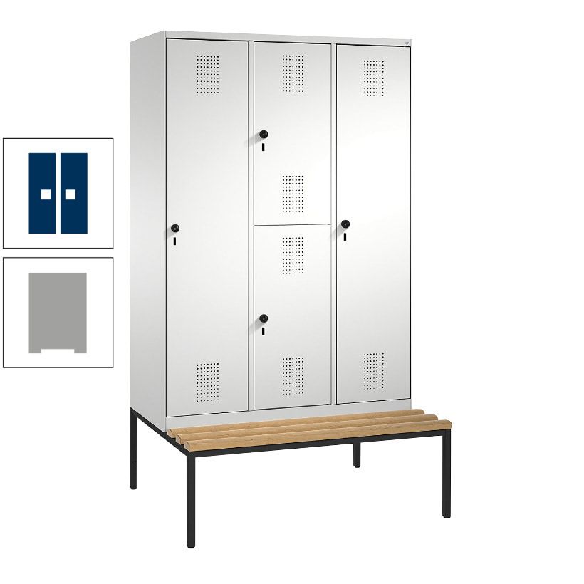 Garderobenschrank, Spind ein- und doppelstöckig Sitzbank, 3 Abteile, 4 Fächer, 2.090x1.200x500 mm (HxBxT), Front anthrazitgrau, Korpus anthrazitgrau