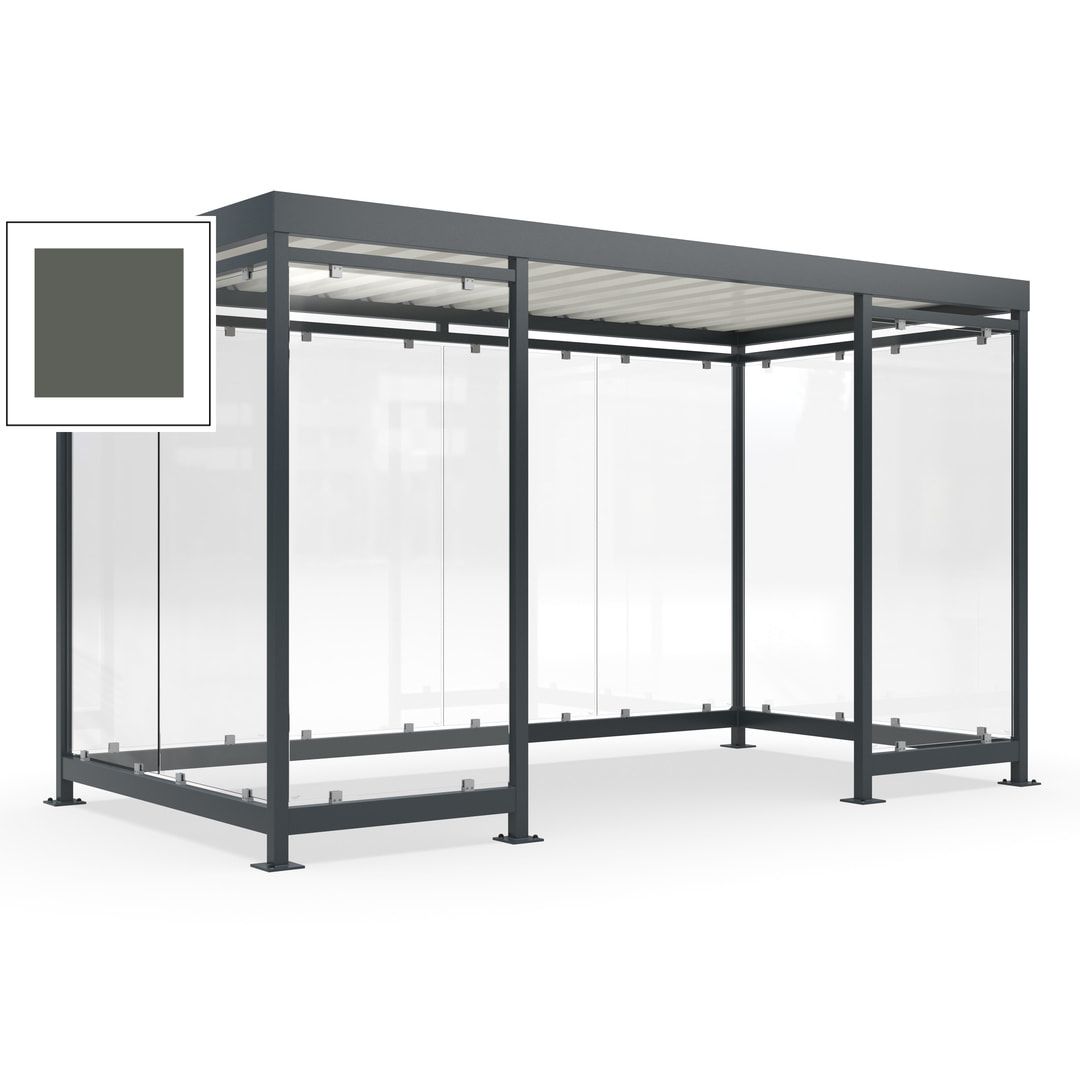 Fahrgastunterstand, Raucherunterstand, fertig montiert, Aufdübeln, 12-13 Personen, 2.510 x 4.195 x 2.165 mm (HxBxT), 10 Wände, Achatgrau