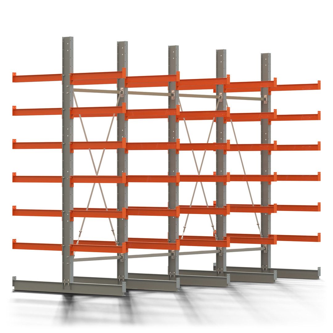 Doppelseitiges Kragarmregal, 2 Felder, 3.000 x 2.000 x 1.120 mm (HxBxT), Nutztiefe 500 mm, Kragarmlast 870 kg, KARL basic, silbergrau/reinorange