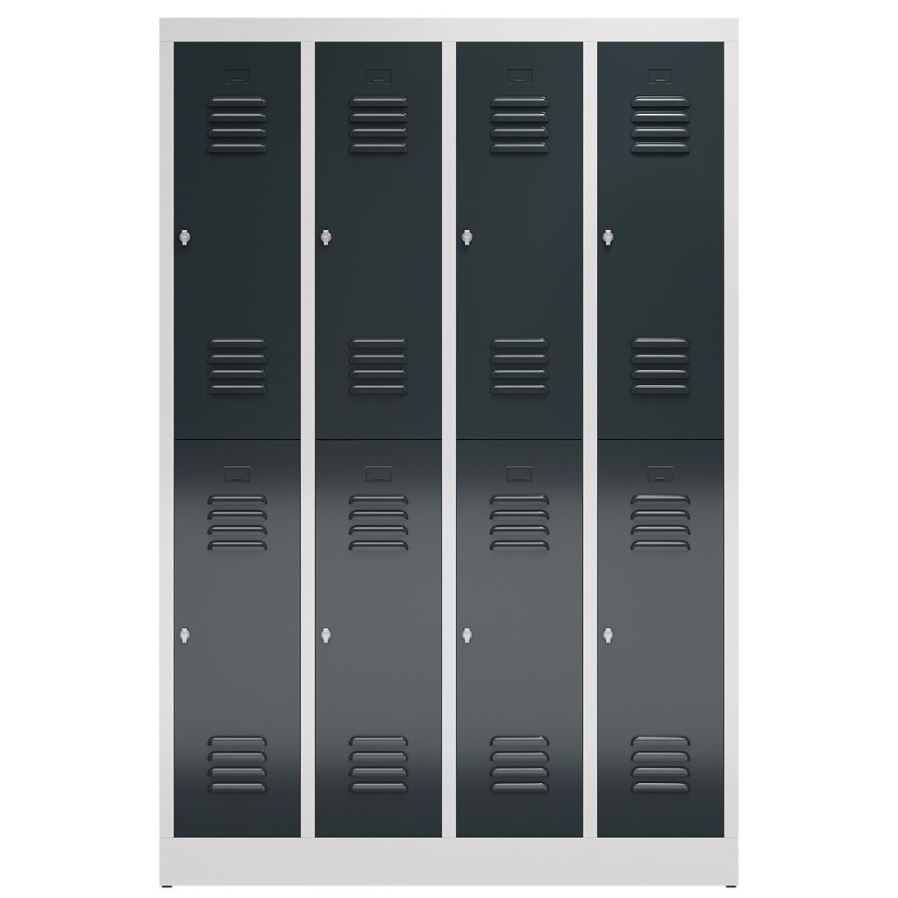 Garderobenschrank, Doppelstockspind, 4 Abteil, 8 Fächer, 1.800 x 1.185 x 500 mm (HxBxT), Stahl, Drehriegel, Korpus: lichtgrau, Front: anthrazitgrau