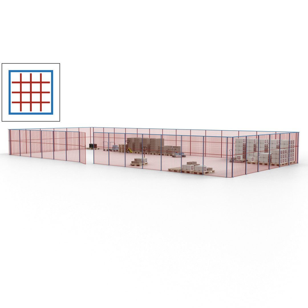 Maschinen Schutzgitter - Hallentrennwand - Sicherheitszaun - Tür - 60 m - 2.200 x 21.400 x 9.400 mm (HxBxT) - enzianblau