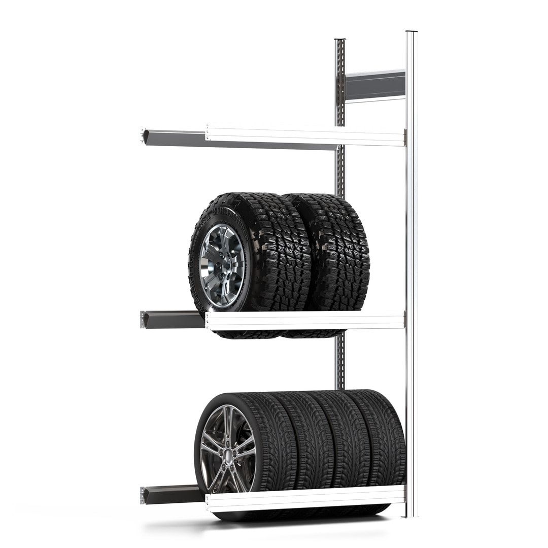 Reifenregal mit Tiefenriegel - 250 kg - 2.000 x 1.005 x 500 mm (HxBxT) - 3 Ebenen - Anbauregal - Steckregal BERT