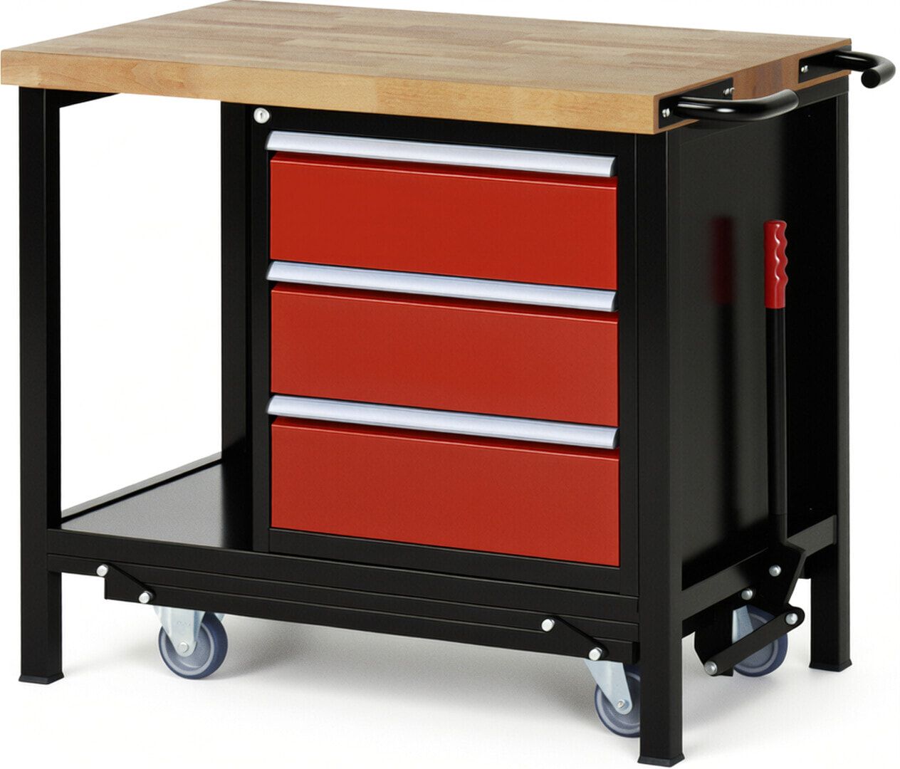 Mobile absenkbare Werkbank mit 3 Schubladen - Teilauszug - 180:3 - 880 x 1.000 x 700 mm (HxBxT) - 1,25 t - Buche - Anthrazitgrau