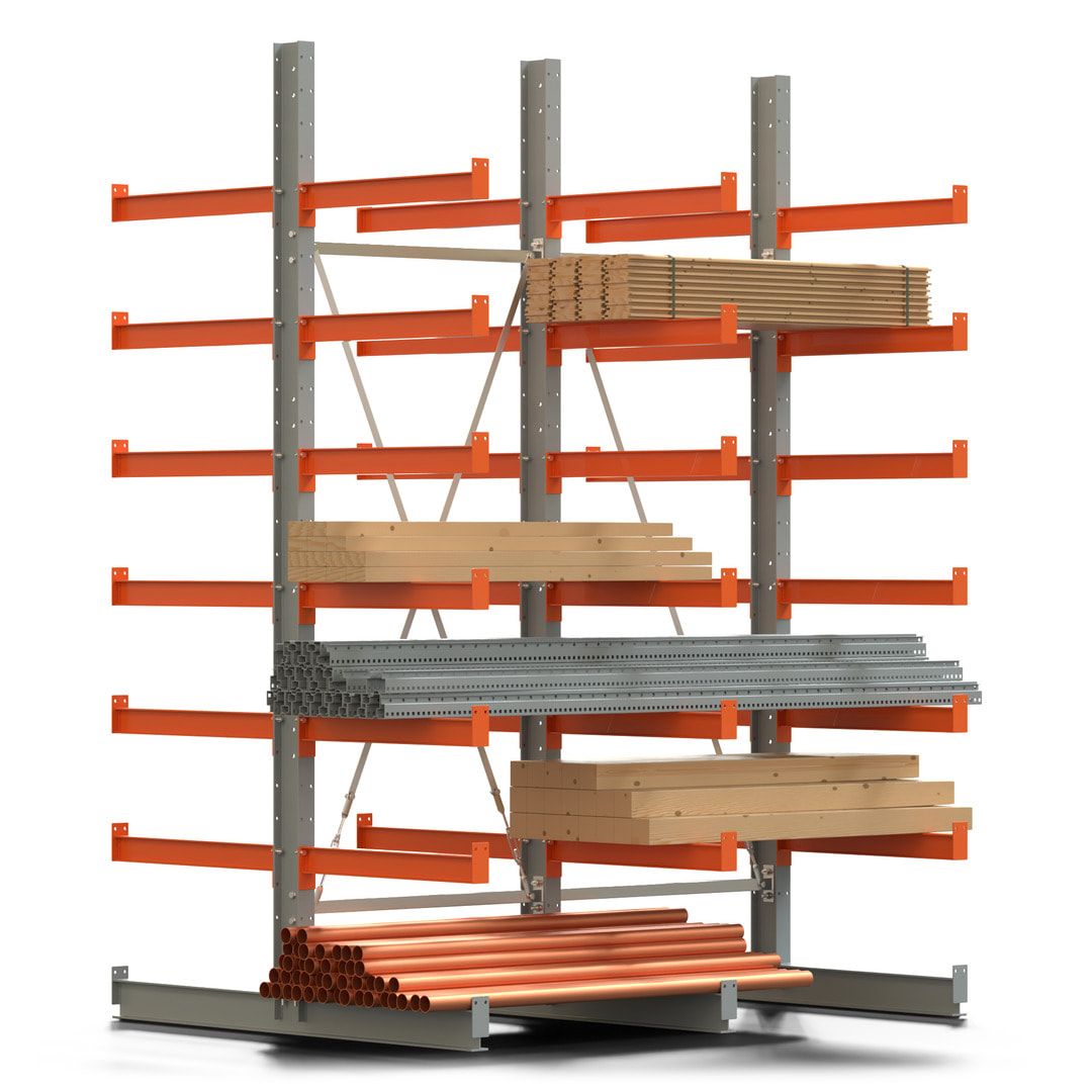 Doppelseitiges Kragarmregal, 2 Felder, 3.000 x 2.000 x 1.120 mm (HxBxT), Nutztiefe 500 mm, Kragarmlast 870 kg, KARL basic, silbergrau/reinorange