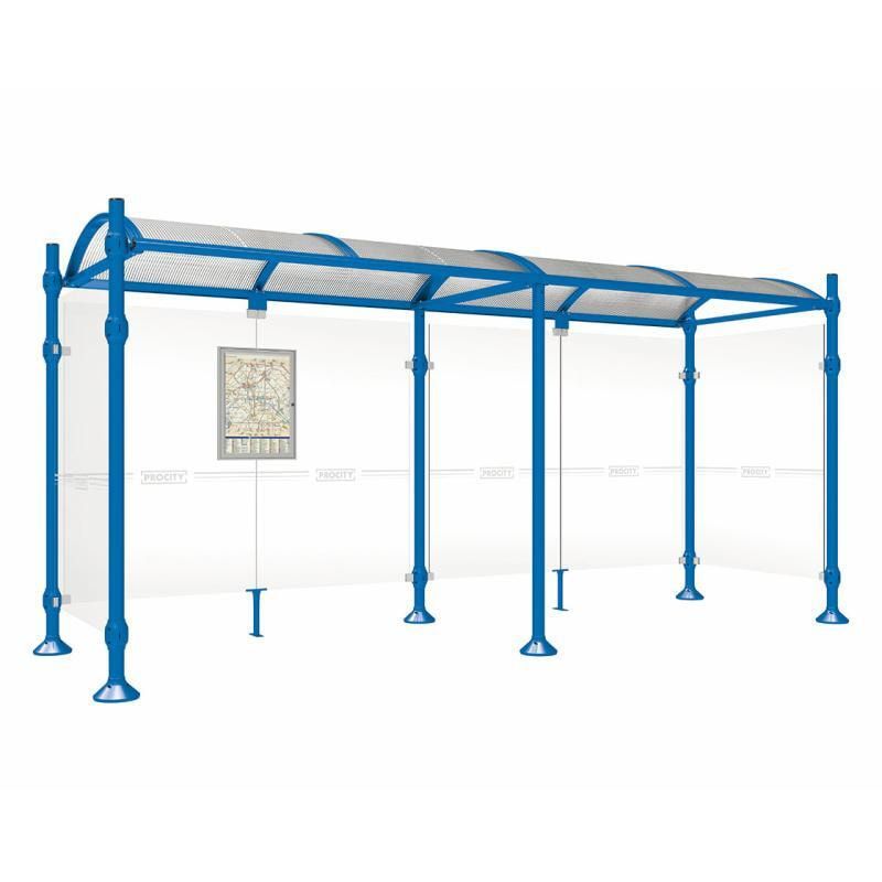 Buswartehalle, Unterstand, 2 Seitenwände, Kopf gebürsteter Edelstahl, ESG, Fahrplanschaukasten, 2.500 x 2.500 x 1.600 mm (HxBxT), Farbe enzianblau