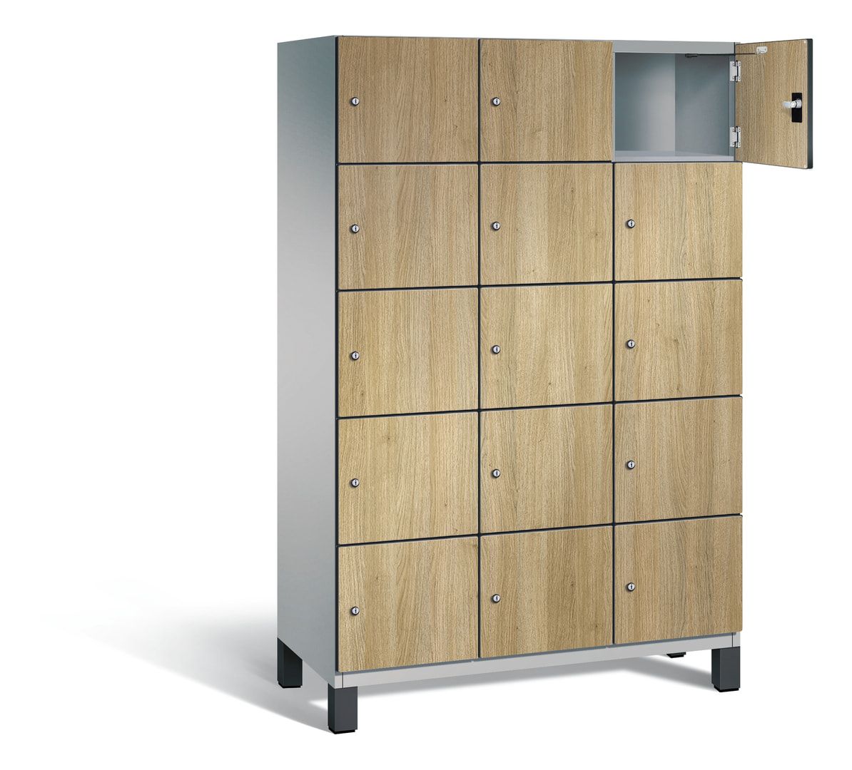 Fächerschrank, Stahlschrank, 15 Fächer, Türöffnungsbegrenzer, Füße, 1.980 x 1.200 x 525 mm, Korpus anthrazitgrau, Dekorfront HPL Donau-Ahorn