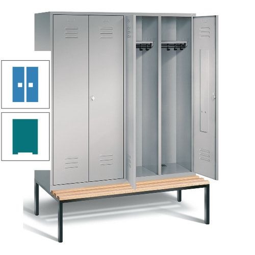 Doppel-Spindschrank, Buche Sitzbank untergebaut, 4 Abteile a 400 mm, Korpus lichtgrau, Tür anthrazitgrau, 2.090 x 1.590 x 815 mm (HxBxT)