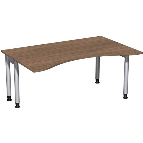Ergo-Schreibtisch, Füße einseitig verkürzt, 4-Fuß Pro, höhenverstellbar, 680-800 x 1.600 x 1.000 mm (HxBxT), Gestell silber, Dekor Ahorn