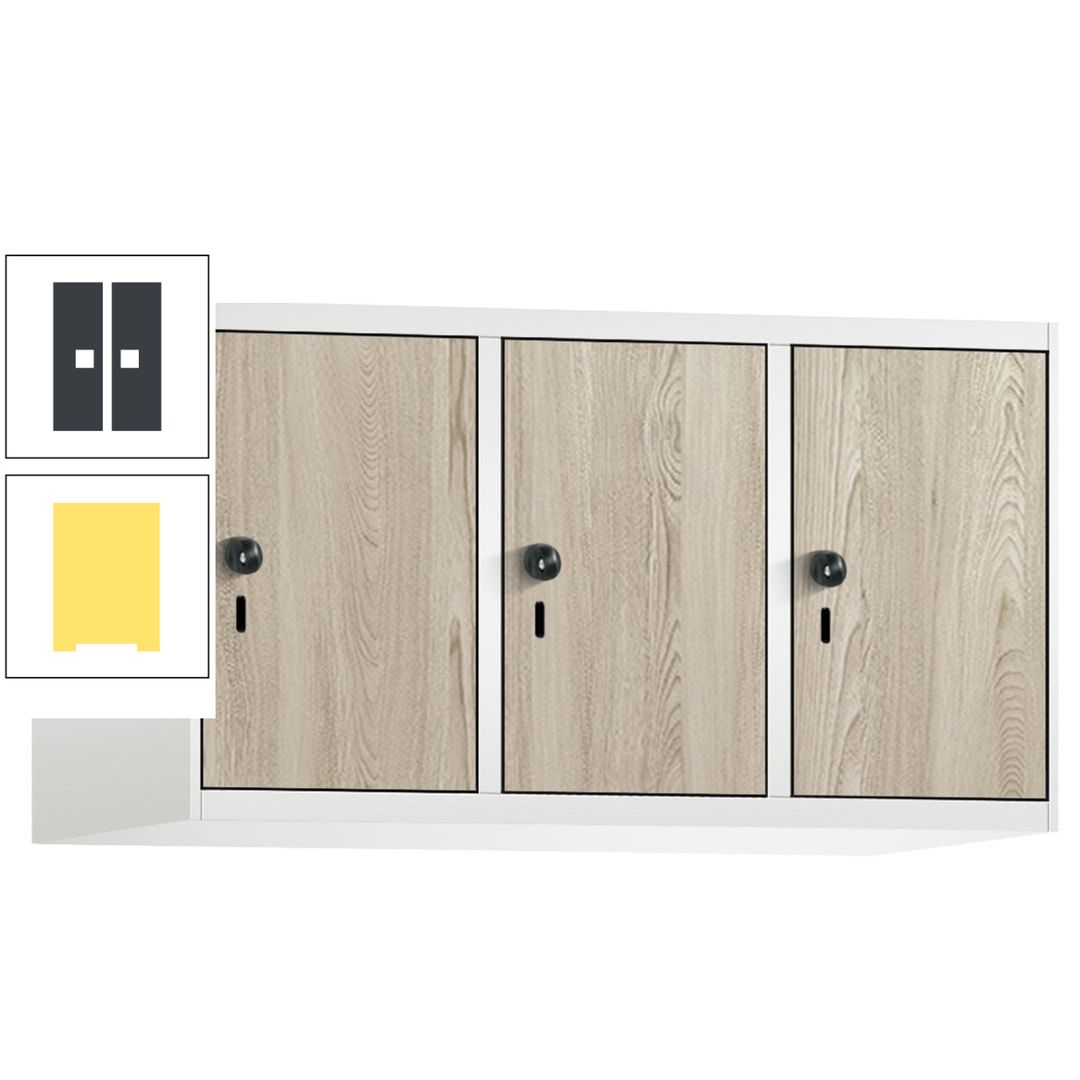 Aufsatzschrank, Schrankaufsatz, 3 Fächer a 300 mm, Farbe Pastellgelb, Tür anthrazitgrau, 500 x 900 x 500 mm (HxBxT)