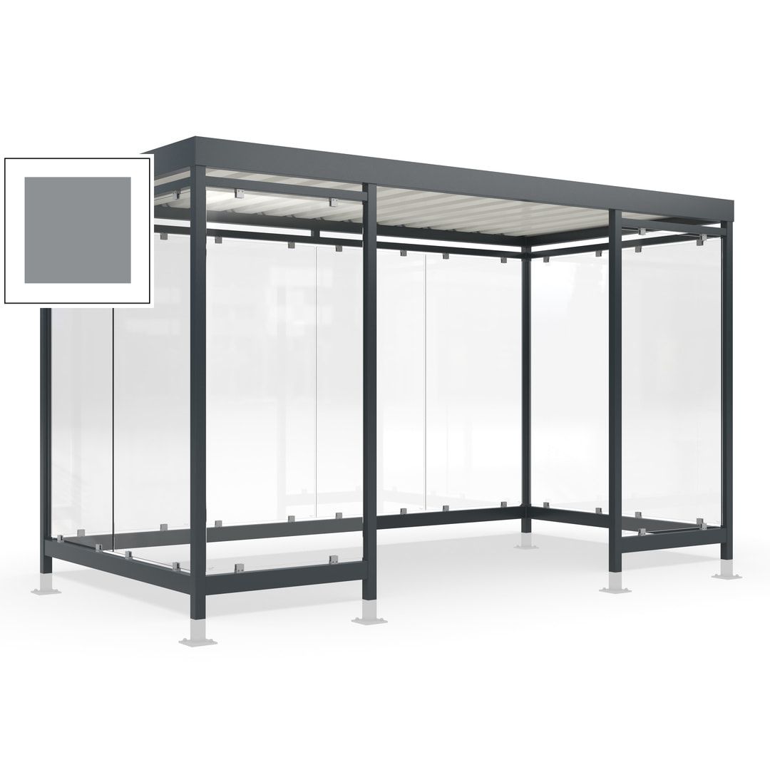Raucherunterstand für 12-13 Personen, Bushaltestelle, mit Überpflasterung, 2.440 x 4.195 x 2.165 mm (HxBxT), 10 Wände, Achatgrau