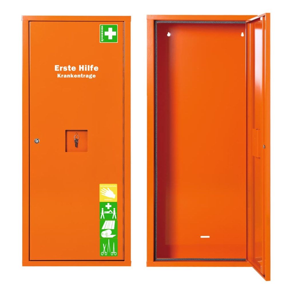 Medizinschrank, Erste Hilfe Schrank, für Krankentrage und Erste Hilfe Koffer, ohne Inhalt, Notfallschlüsselfach, 1.120 x 490 x 200 mm (HxBxT)