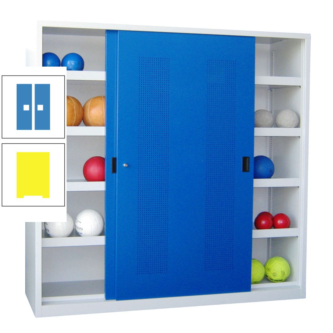 Ballschrank - Schiebetüren mit Lochfeld - Trennwand - 8 Böden - 1.950x2.000x600 mm (HxBxT) - anthrazitgrau