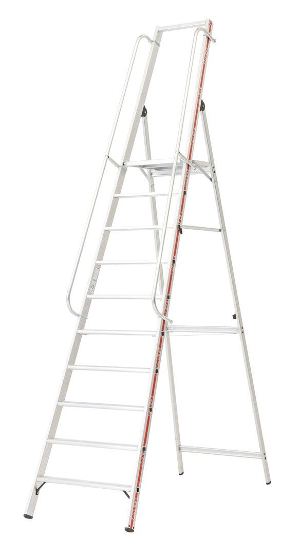 Plattformleiter mit langem Handlauf, Aluminium, Stehleiter, ohne Rollen, Rutschhemmung R11, Leiterlänge 2.100 mm, 4 Stufen, Traglast 150 kg, Hymer