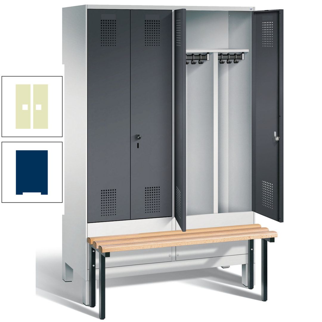 Doppel-Spind, Garderobenschrank, Buche Sitzbank vorgebaut, 4 Abteile a 300 mm, Korpus feuerrot, Tür Wasserblau, 1.850 x 1.200 x 815 mm (HxBxT)