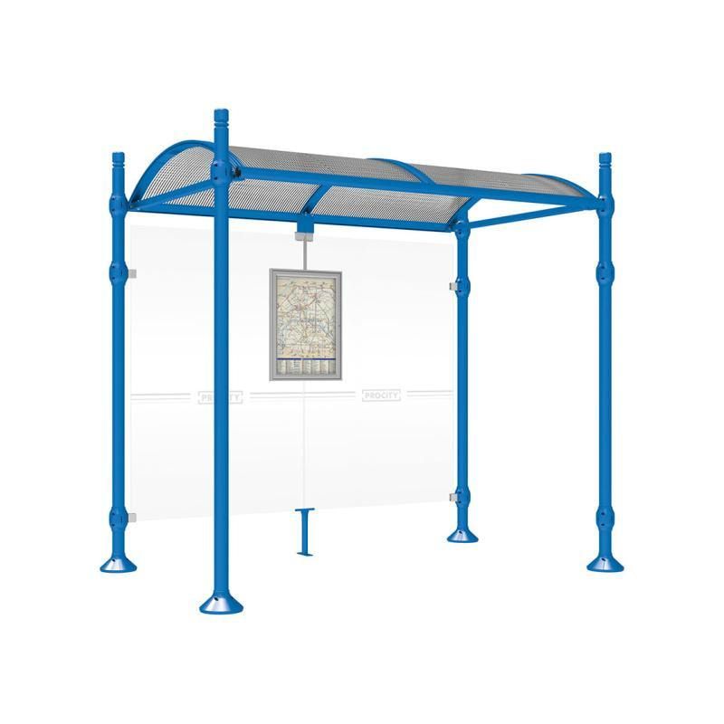 Buswartehalle, Unterstand, 2.500 x 2.500 x 1.600 mm (HxBxT), Kopfmodell Agora, ESG, Fahrplanschaukasten, Farbe enzianblau