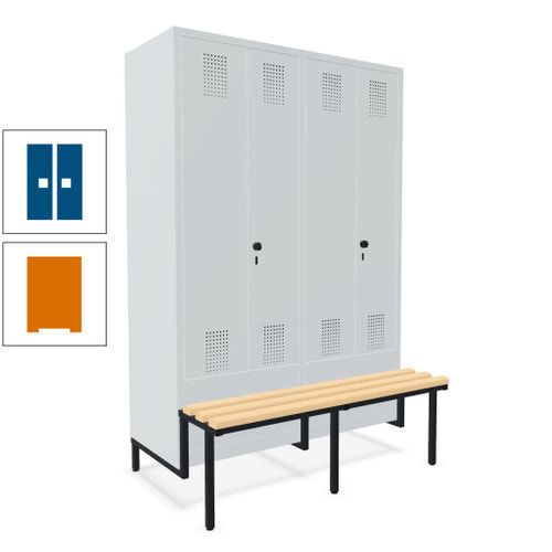 Doppel-Spind, Garderobenschrank, Buche Sitzbank integriert, 4 Abteile 300 mm, Korpus anthrazitgrau, Tür anthrazitgrau, 1.850 x 1.200 x 815 mm (HxBxT)