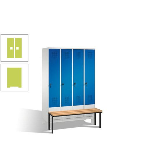 Stahl-Garderobenschrank, Spind, Buche Sitzbank vorgebaut, 4 Abteile a 300 mm, Korpus Lichtgrün, Tür Schwefelgelb, 1.850 x 1.200 x 815 mm (HxBxT)
