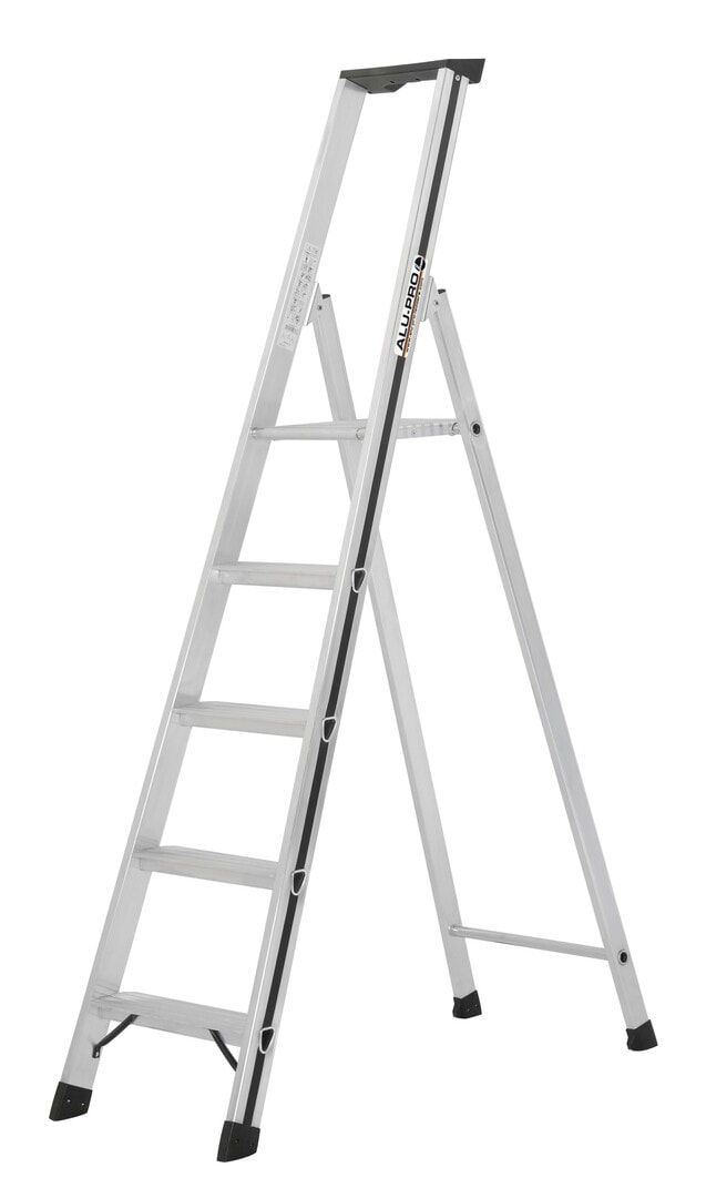 Aluminium Stufenstehleiter, Plattform, Rutschhemmung R11, Kunststoffablage, Eimerhaken, 1.390 x 415 mm (LxB), 3 Stufen, 4 kg, Stufentiefe 80 mm, Hymer