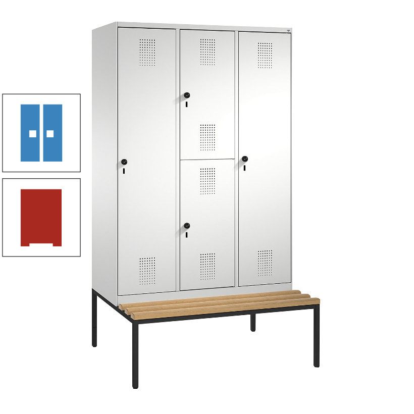 Garderobenschrank, Spind ein- und doppelstöckig Sitzbank, 3 Abteile, 4 Fächer, 2.090x1.200x500 mm (HxBxT), Front anthrazitgrau, Korpus anthrazitgrau
